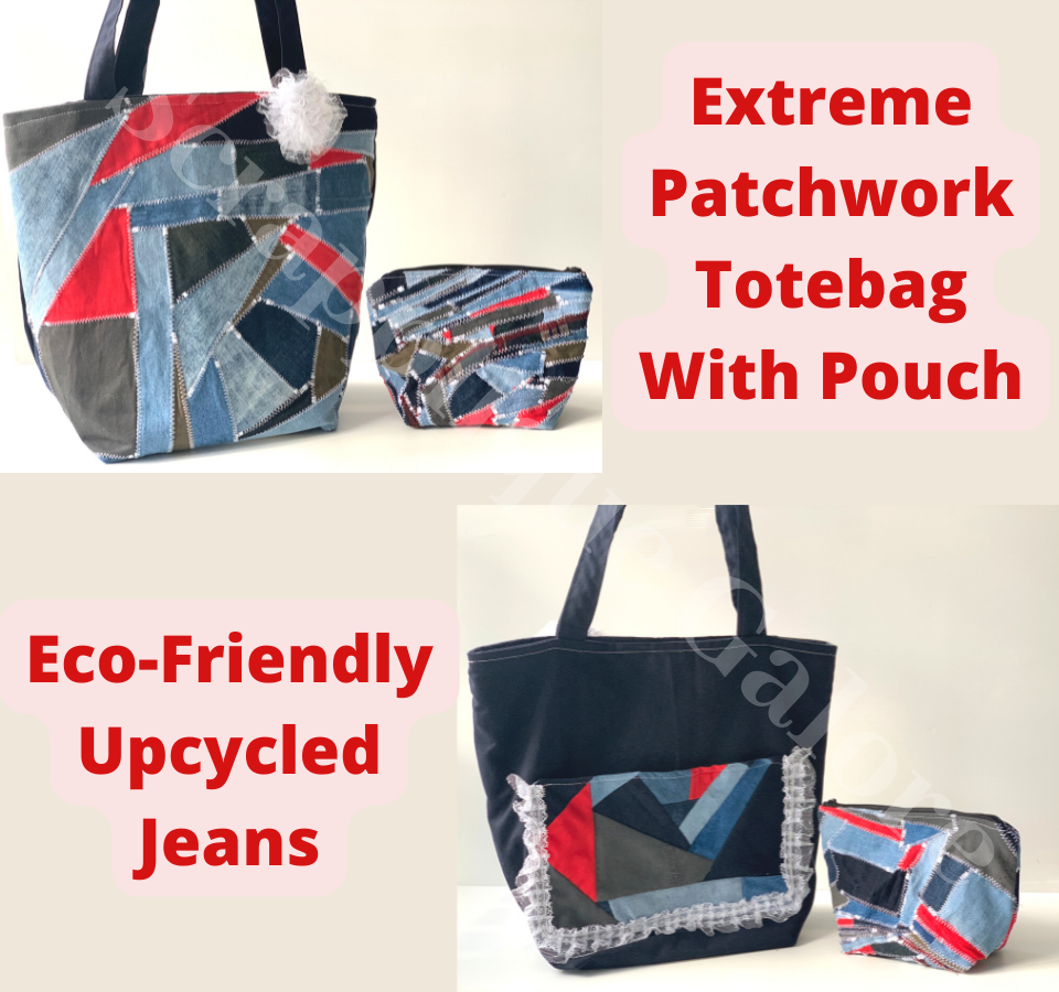 [Set] Extreme Patchwork Denim Totebag + Denim Patchwork Pouch Eco-Friendly Denim Patchwork Totebag Sustainable Totebag and Pouch
